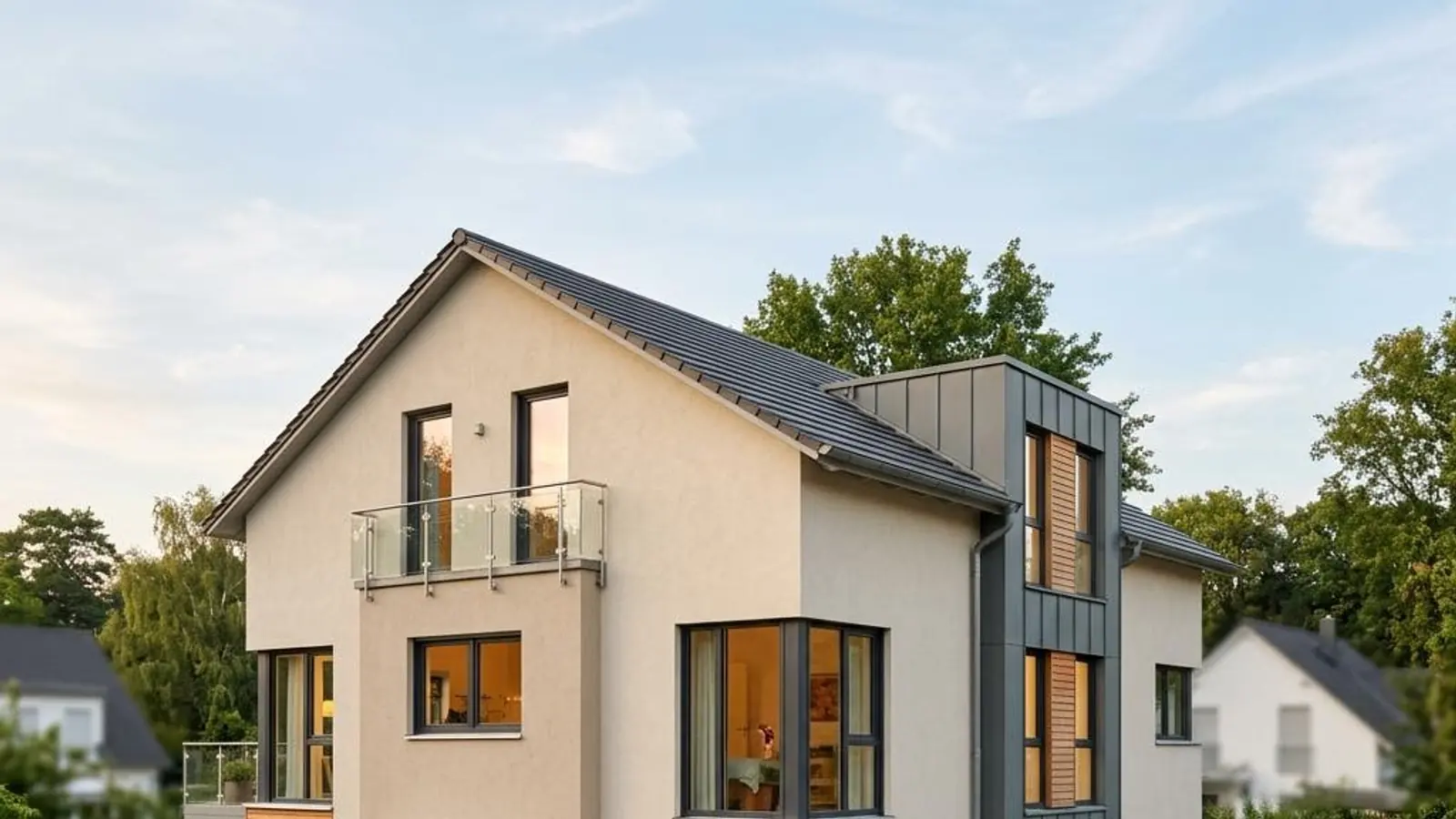 Fotorealistisches Fertighaus-Motiv zu Haustyp Kosten Doppelhaus für die Kostenplanung 2026