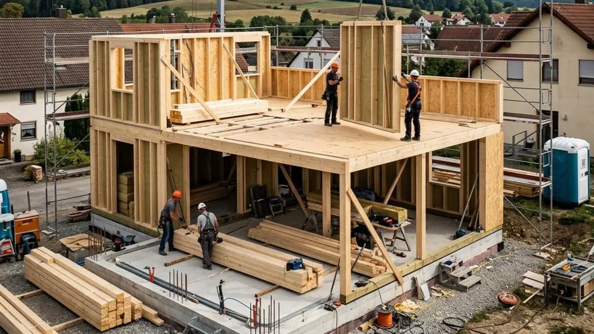 Montage vorgefertigter Holzelemente auf einer geordneten deutschen Hausbaustelle