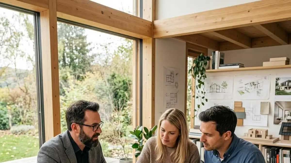 Bauherren und Architekt prüfen das vollständige Fertighaus-Budget am Planungstisch