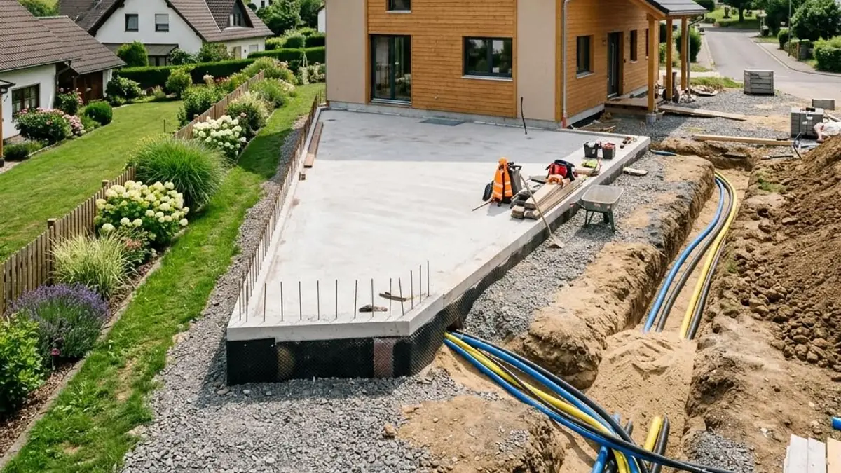 Fertighaus-Rohbau mit Gründung und Hausanschlüssen auf einer deutschen Baustelle